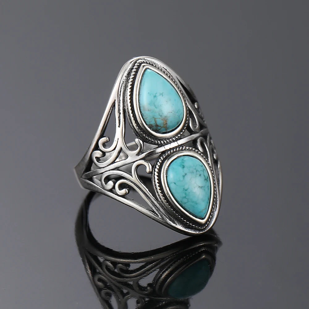 Vintage Natural Turquoise Bohemian Sterling Silver Ring for Women and Men