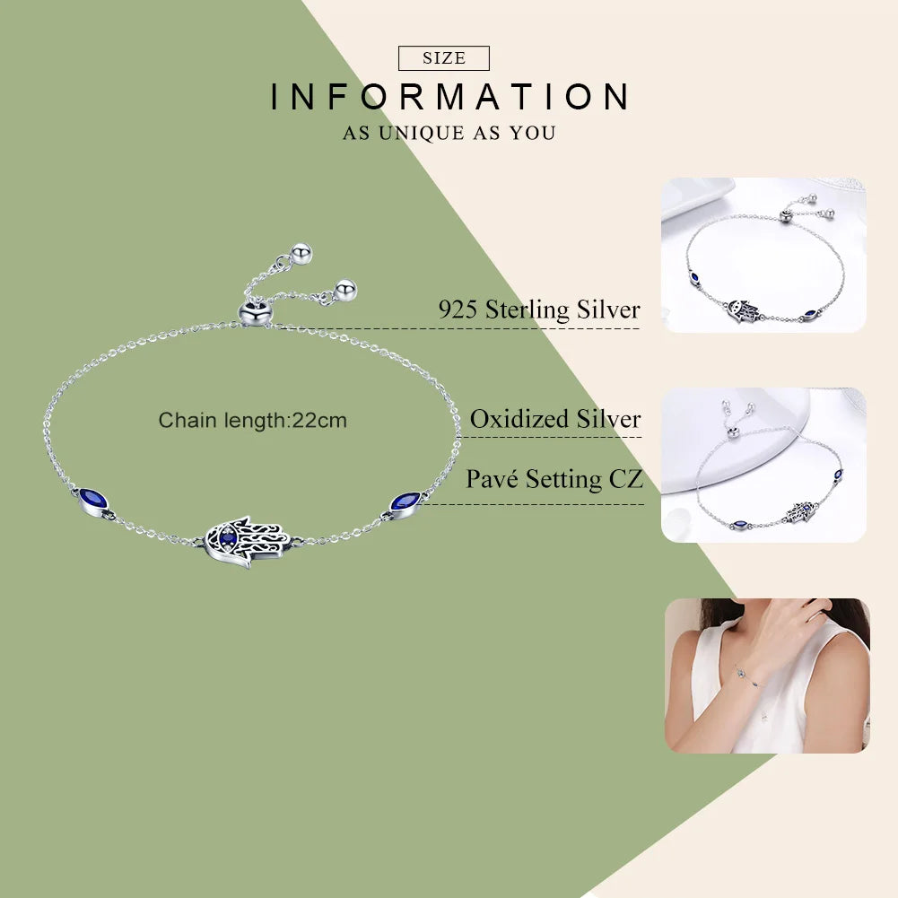 Blue Hamsa Hand 925 Sterling Silver Cubic Zirconia Adjustable Chain Bracelet