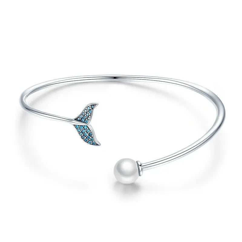 Sterling Silver Blue Fish Tail Bangle Bracelet for Women