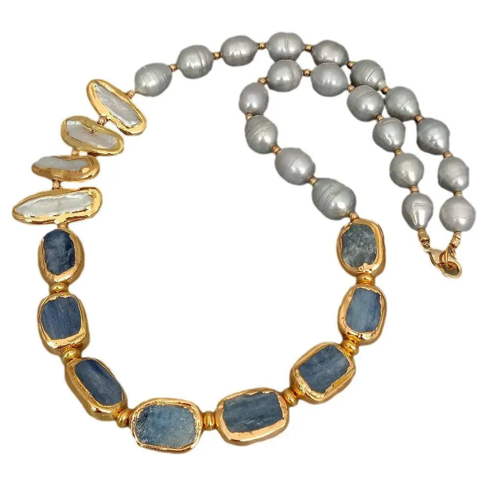 Gray Rice Pearl & Biwa Pearl Necklace with Blue Kyanite