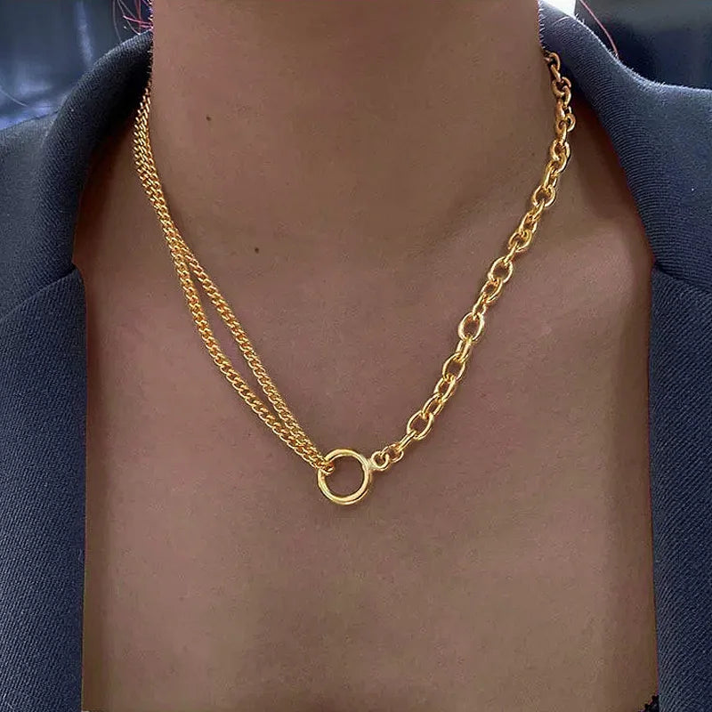 Oval Cable & Double Cuban Chain Necklace with Open Circle Pendant
