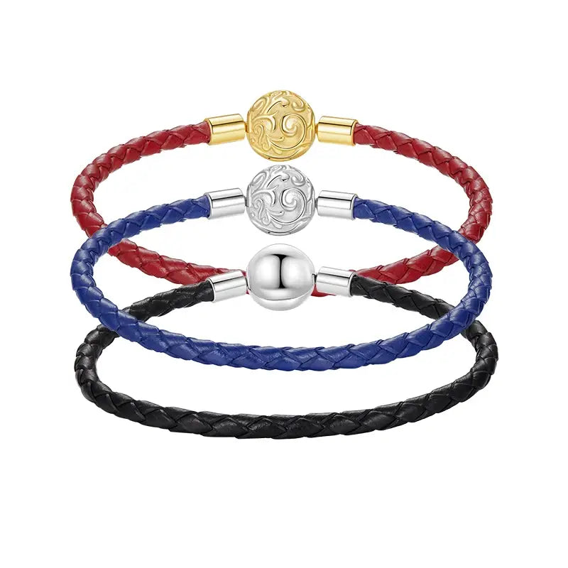 Retro Leather & Red Rope Woven Bracelet – Lucky Charm DIY Jewelry