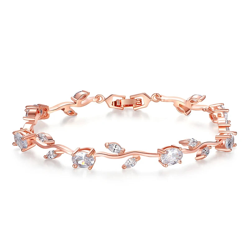 Rose Gold Leaf Link Bracelet with Red & Green Zircon
