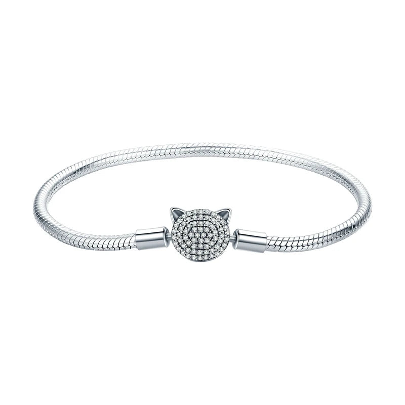 Sterling Silver Cat Charm Snake Chain Bracelet for Women