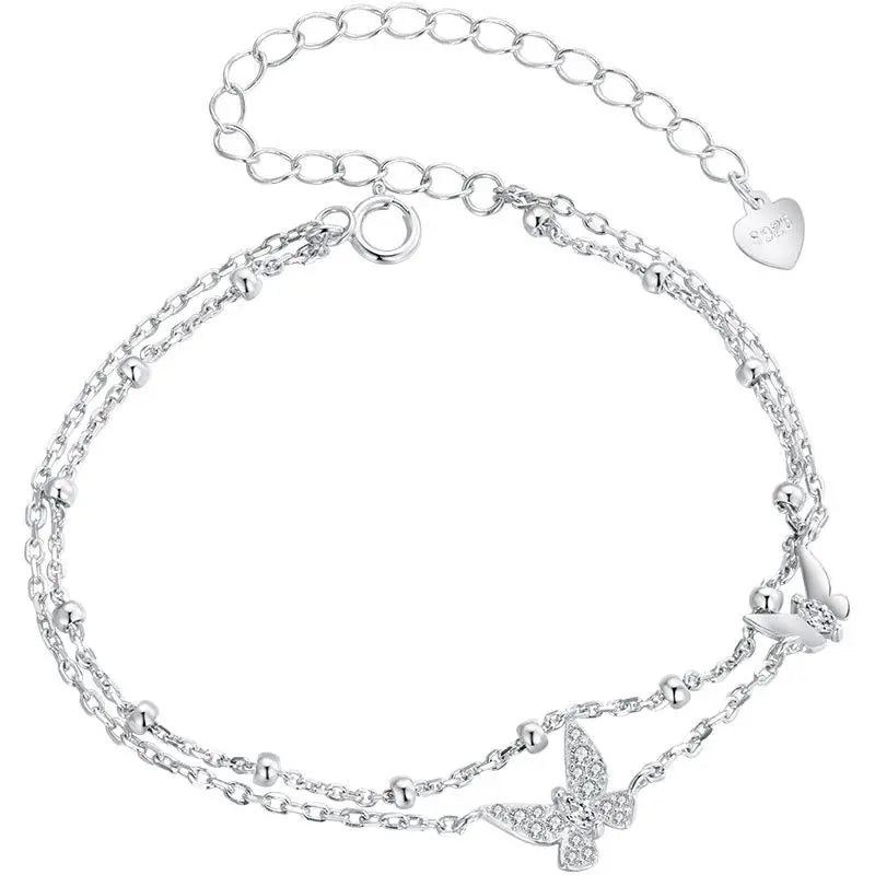 Sterling Silver Double-Layer Butterfly CZ Beaded Bracelet