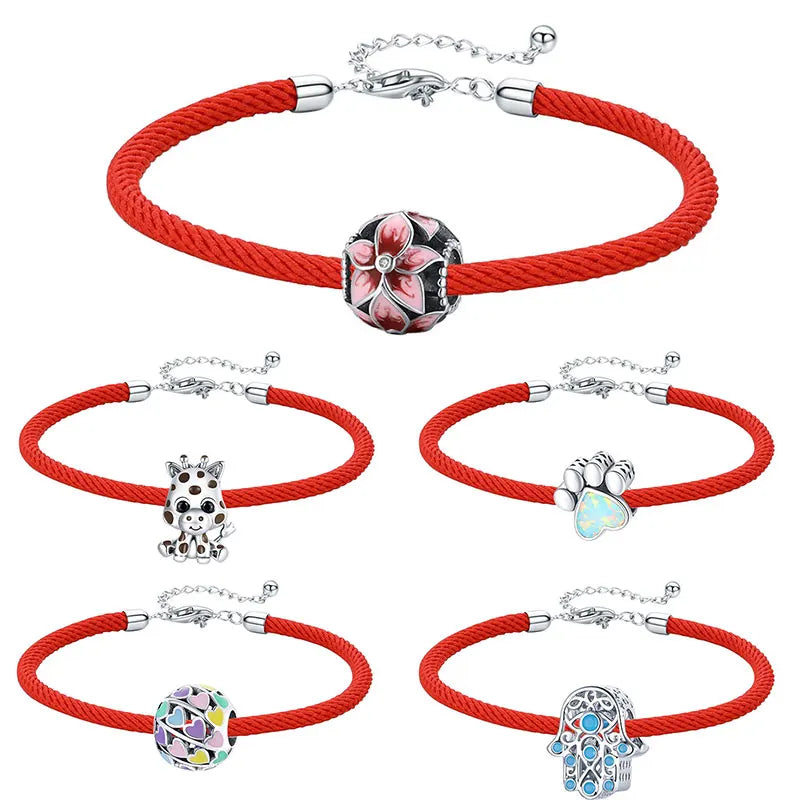 Sterling Silver Red Rope Bracelet with Enamel Charms