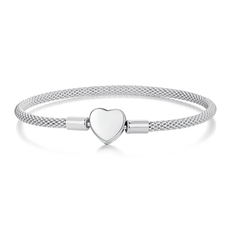 Sterling Silver Snake Chain Heart Charm Bracelet for Women
