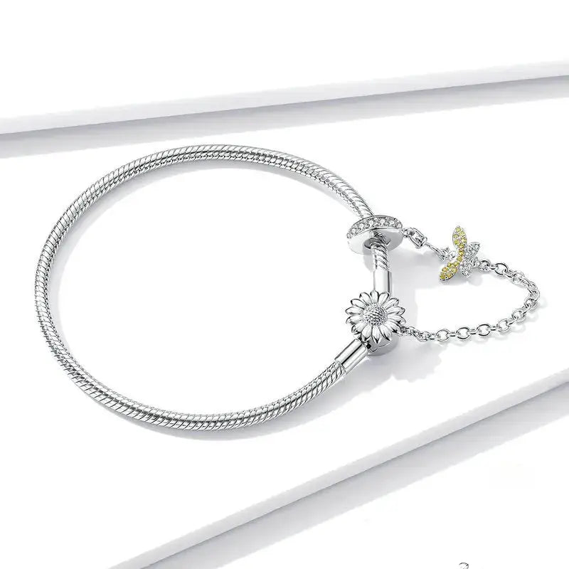 Sterling Silver Snake Charm Bracelet with Sunflower Safety Chain