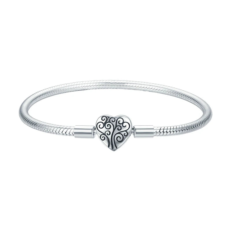 Sterling Silver Tree of Life Heart Clasp Snake Chain Bracelet