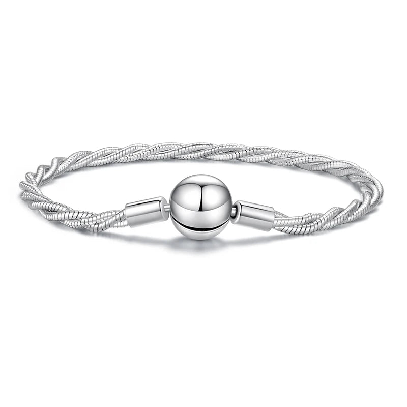 Sterling Silver Twisted Double-Layer Bracelet with Glossy Ball Charm