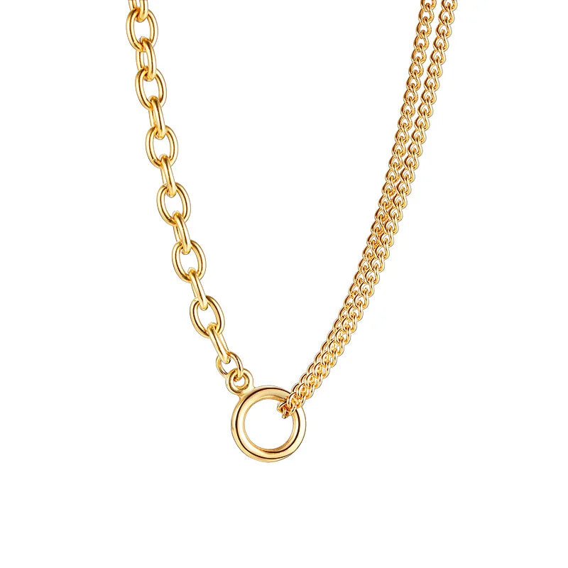 Oval Cable & Double Cuban Chain Necklace with Open Circle Pendant