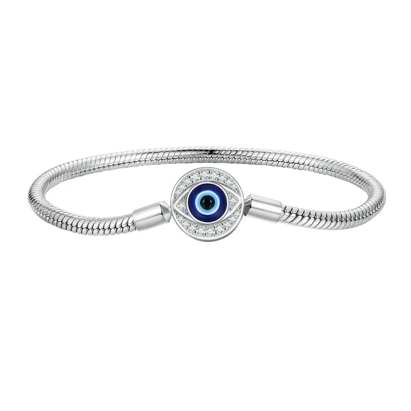 Silver Zircon Rose Clasp Snake Chain Charm Bracelet