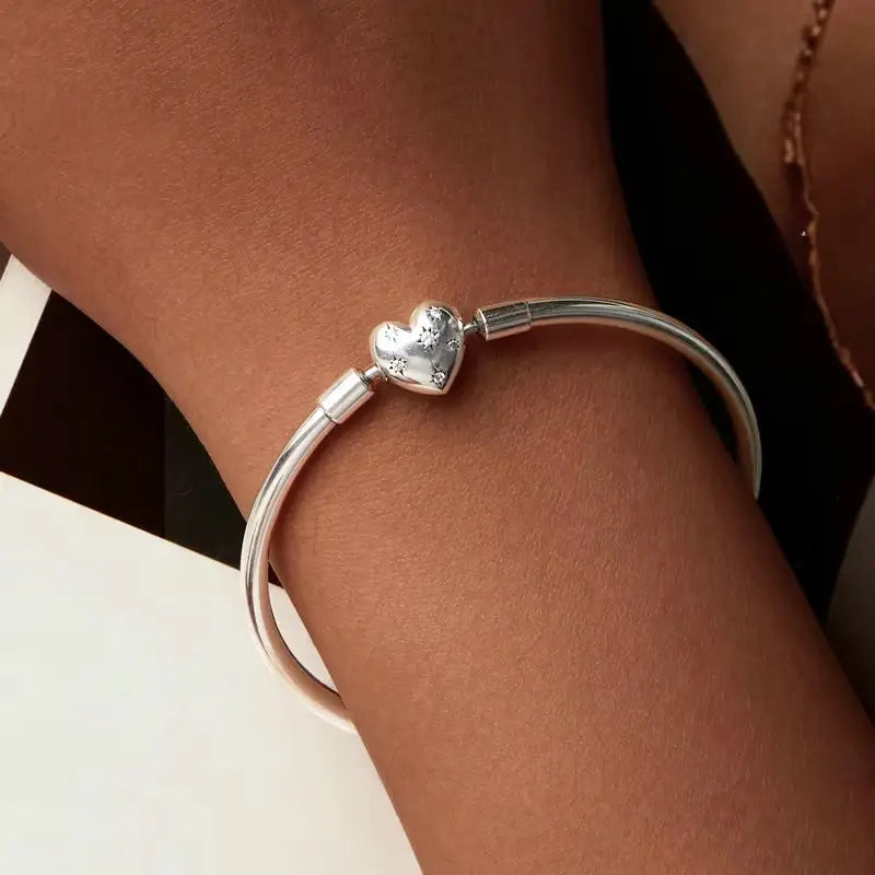 Sterling Silver Heart & Shell Charm Bangle Set