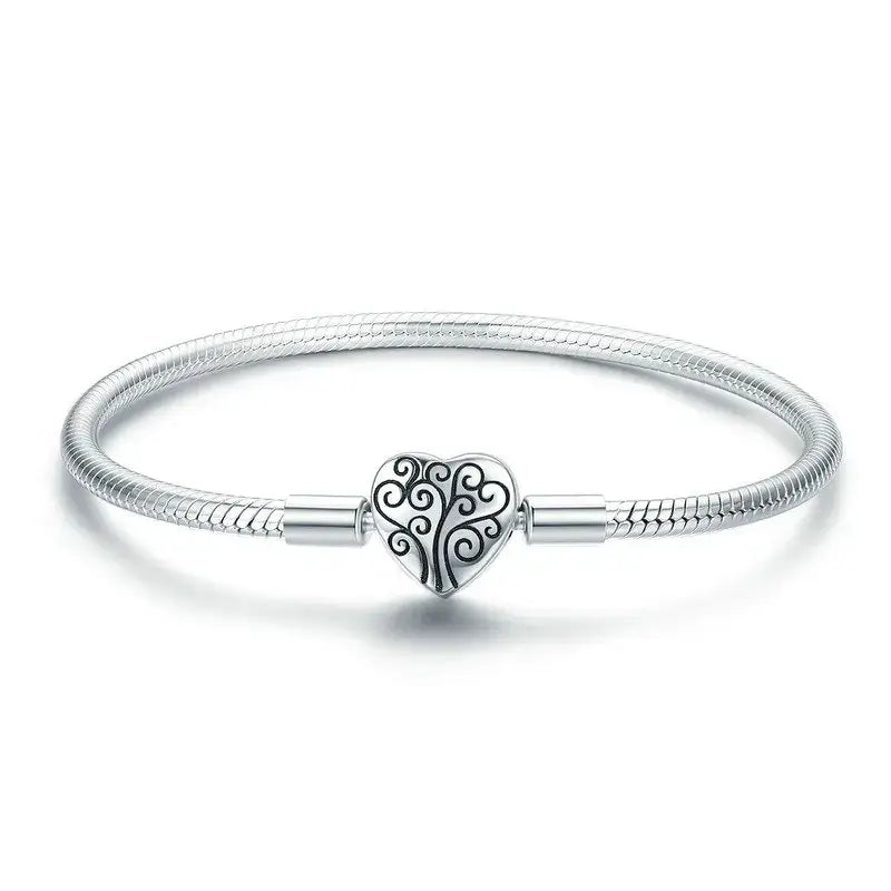 Sterling Silver Tree of Life Heart Clasp Snake Chain Bracelet