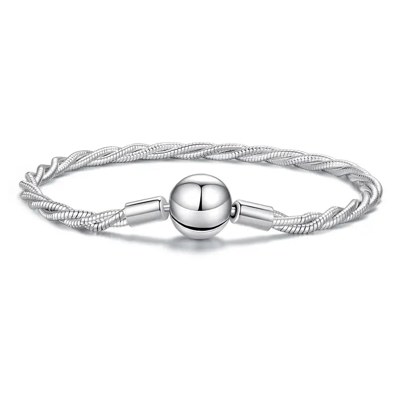 Sterling Silver Twisted Double-Layer Bracelet with Glossy Ball Charm