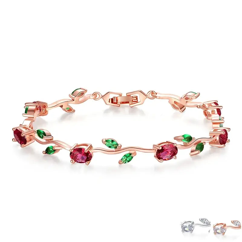 Rose Gold Leaf Link Bracelet with Red & Green Zircon