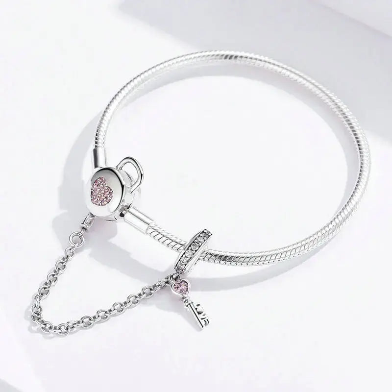 Silver Snake Chain Bracelet with Pink Heart Zircon Lock & Key Charm