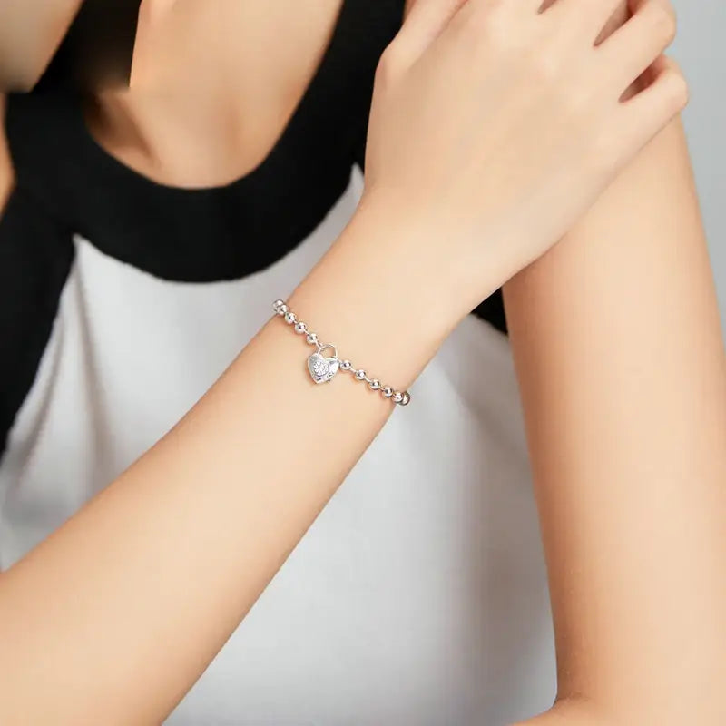 Sterling Silver Simple Love Bead Chain Bracelet for Women