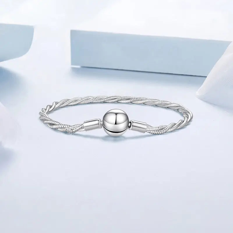Sterling Silver Twisted Double-Layer Bracelet with Glossy Ball Charm