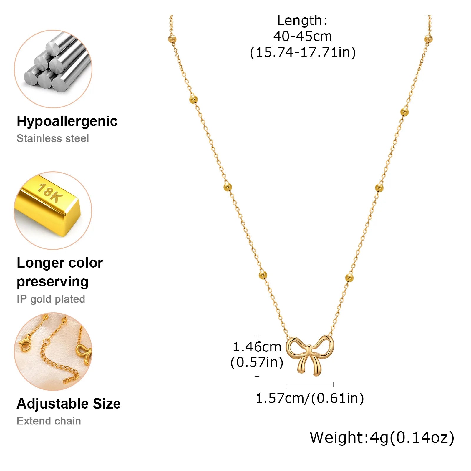 18k Gold Bow Pendant Necklace – Adjustable Satellite Chain