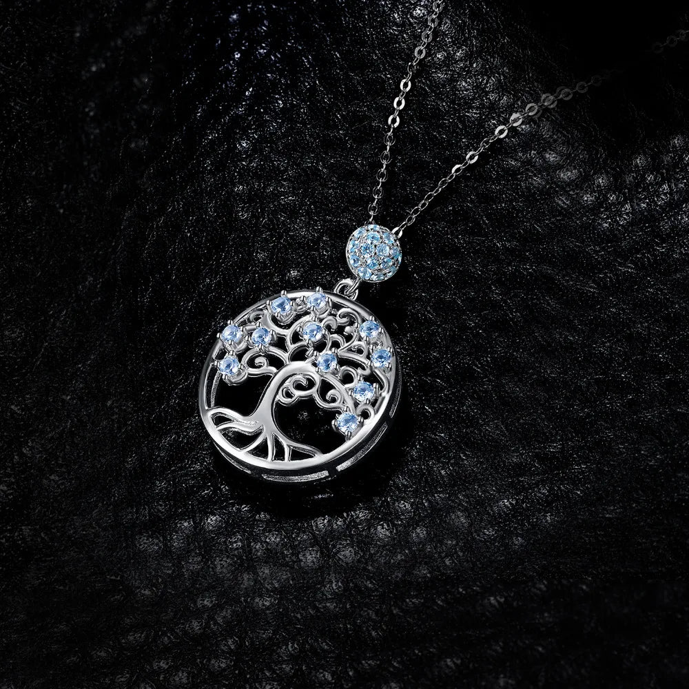 Blue Spinel Sterling Silver Tree of Life Pendant Necklace (No Chain)