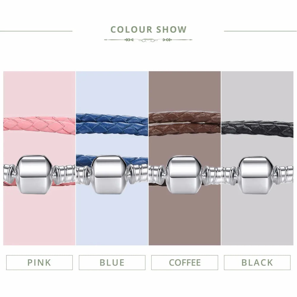 Long Pink & Black Braided Leather Bracelet with Silver Snake Clasp