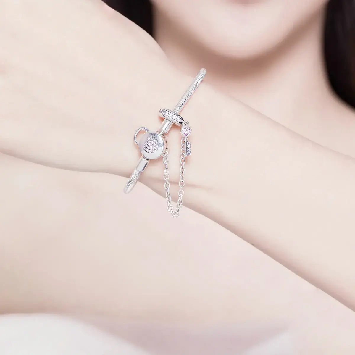 Silver Snake Chain Bracelet with Pink Heart Zircon Lock & Key Charm