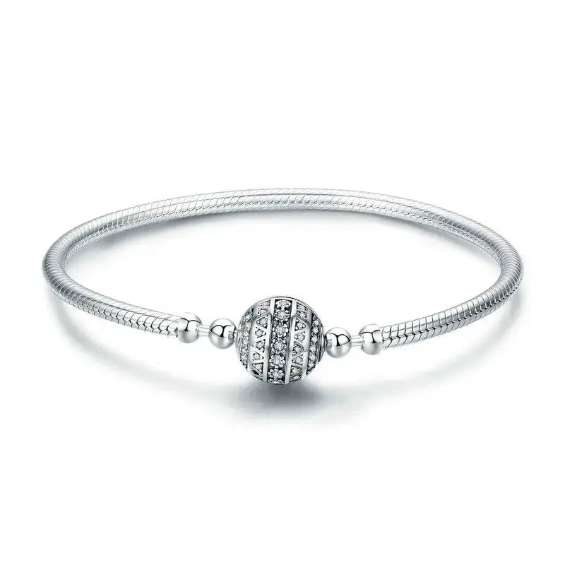 Sterling Silver CZ Flower Clasp Snake Chain Bracelet