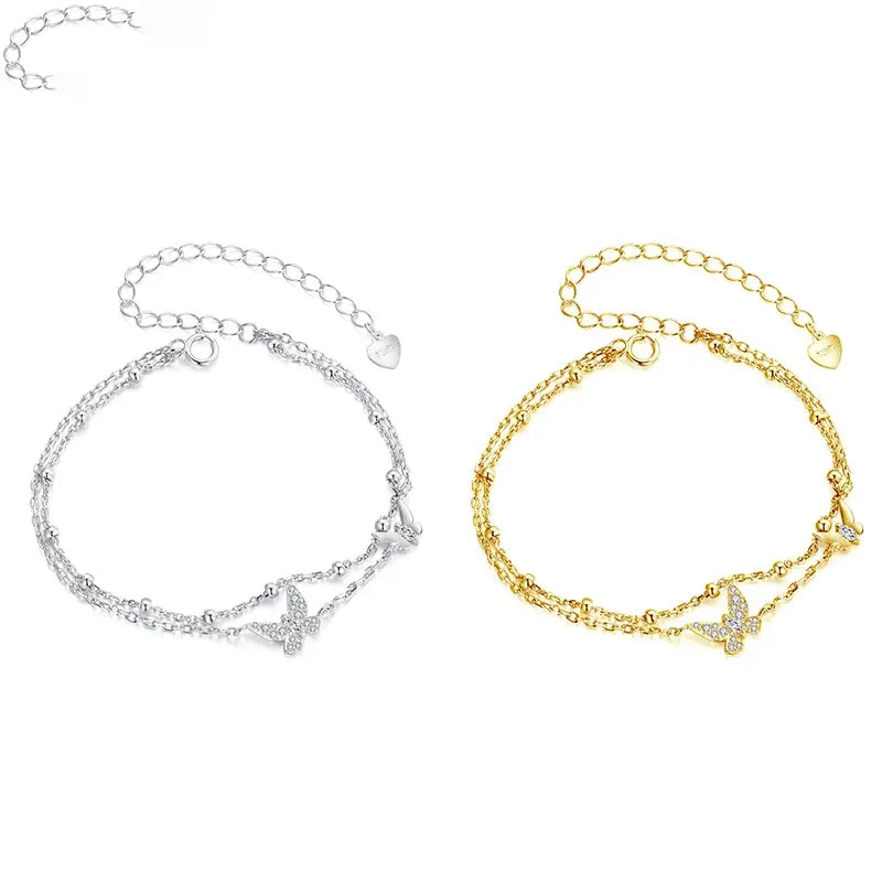 Sterling Silver Double-Layer Butterfly CZ Beaded Bracelet