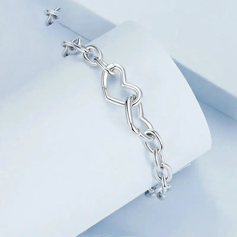 Sterling Silver Double Heart Adjustable Charm Bracelet