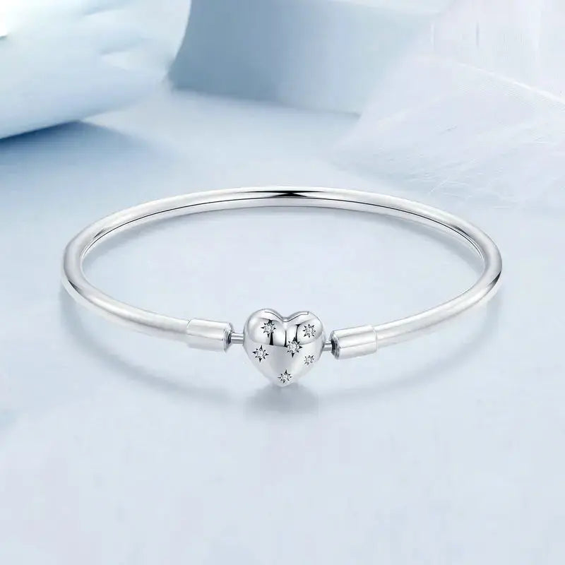 Sterling Silver Heart & Shell Charm Bangle Set