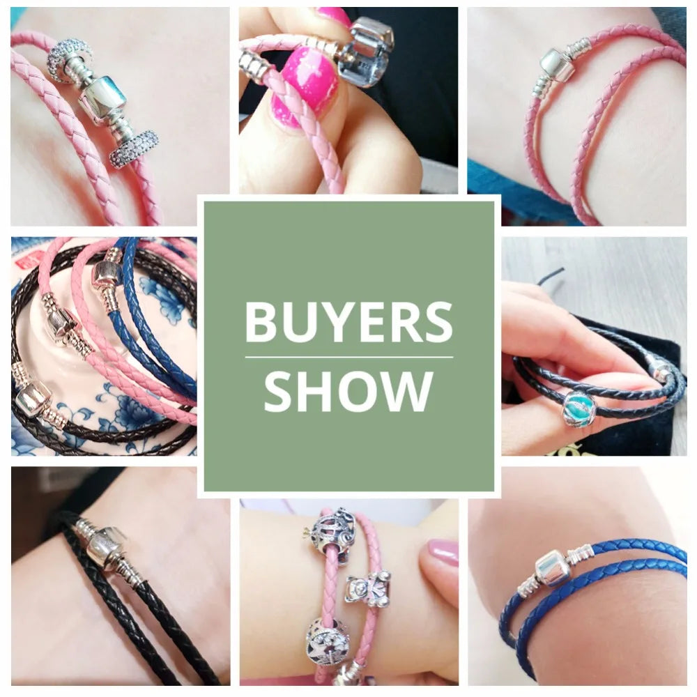 Long Pink & Black Braided Leather Bracelet with Silver Snake Clasp