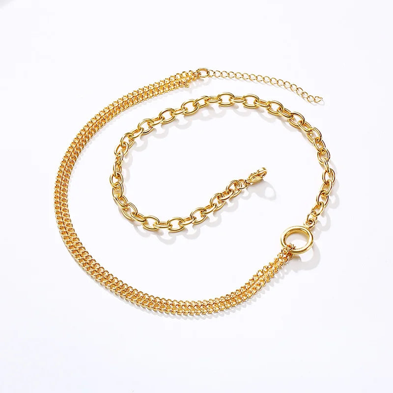 Oval Cable & Double Cuban Chain Necklace with Open Circle Pendant