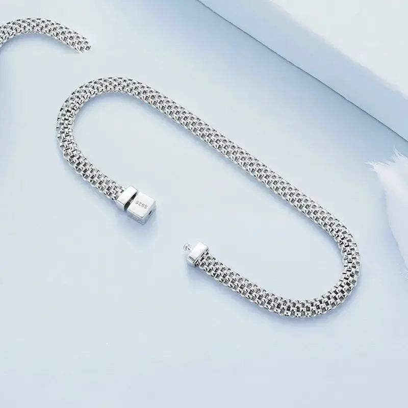 Silver Braided Chain Bracelet with Square Buckle – Platinum Plated
