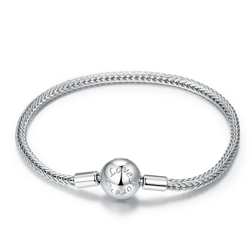 Silver Zircon Rose Clasp Snake Chain Charm Bracelet