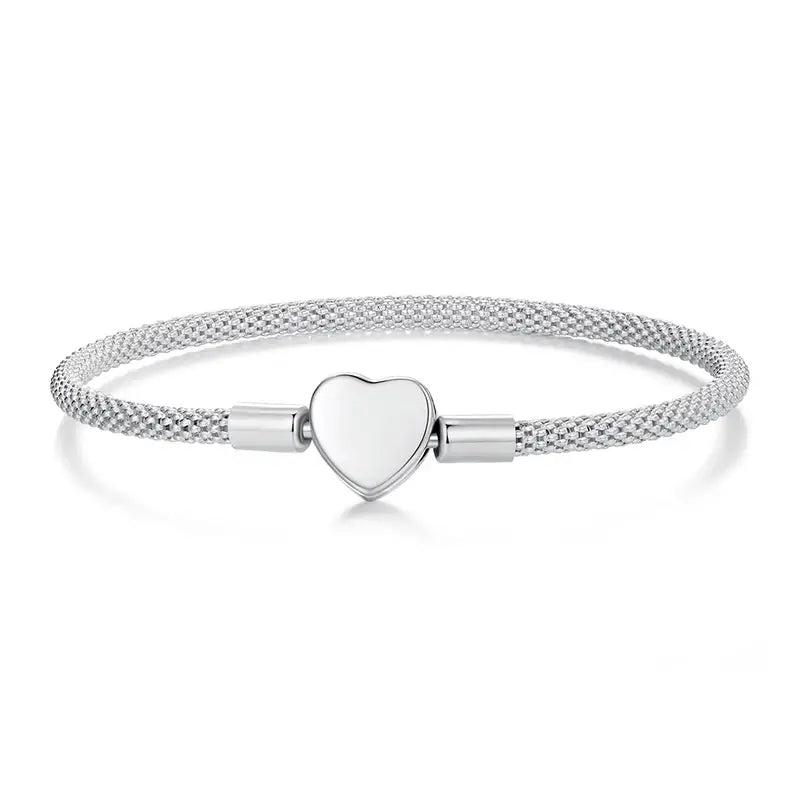 Sterling Silver Snake Chain Heart Charm Bracelet for Women