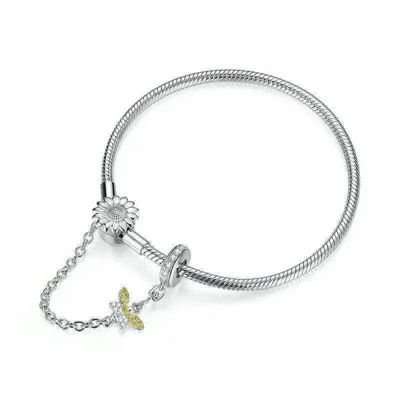 Sterling Silver Snake Charm Bracelet with Sunflower Safety Chain