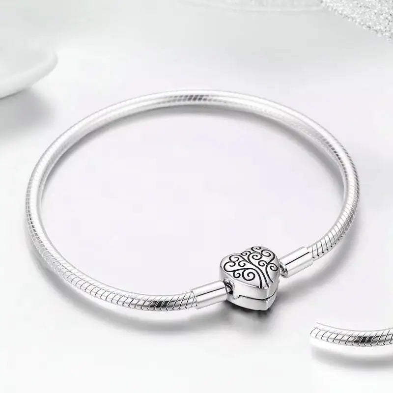 Sterling Silver Tree of Life Heart Clasp Snake Chain Bracelet