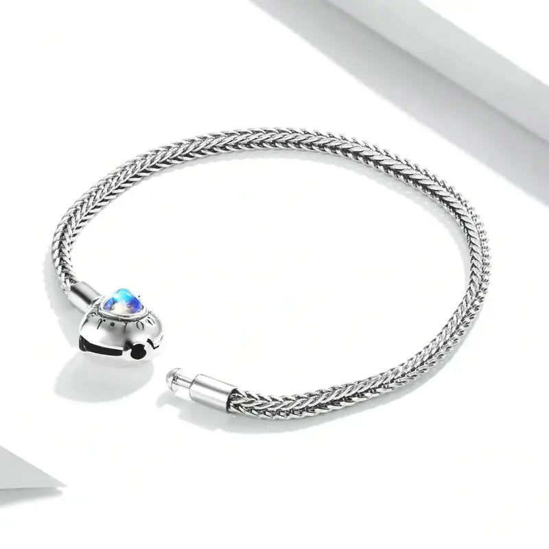 Moonstone Heart Charm Silver Bracelet – 925 Sterling Snake Chain