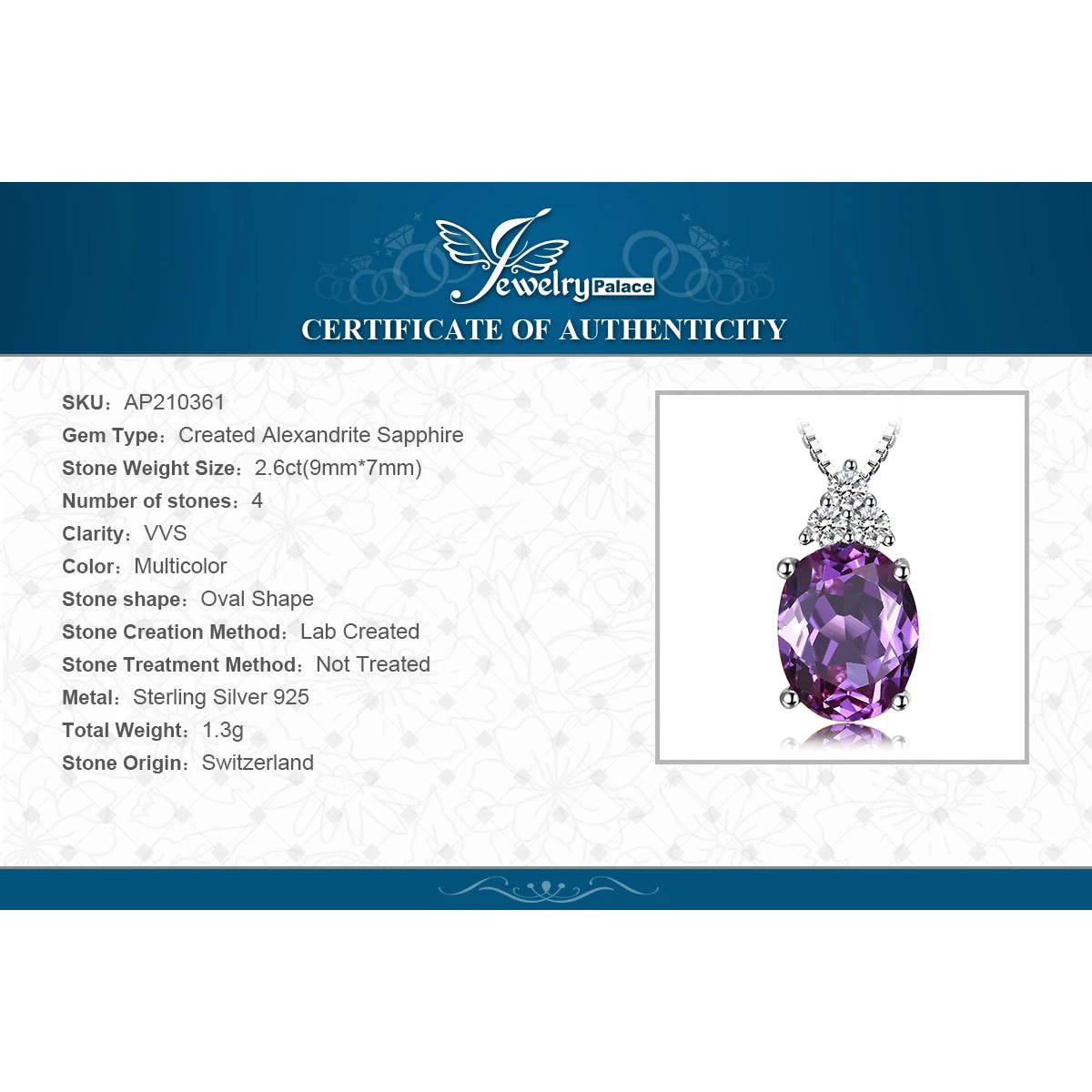 Oval Purple Alexandrite Sapphire Pendant – Sterling Silver, No Chain