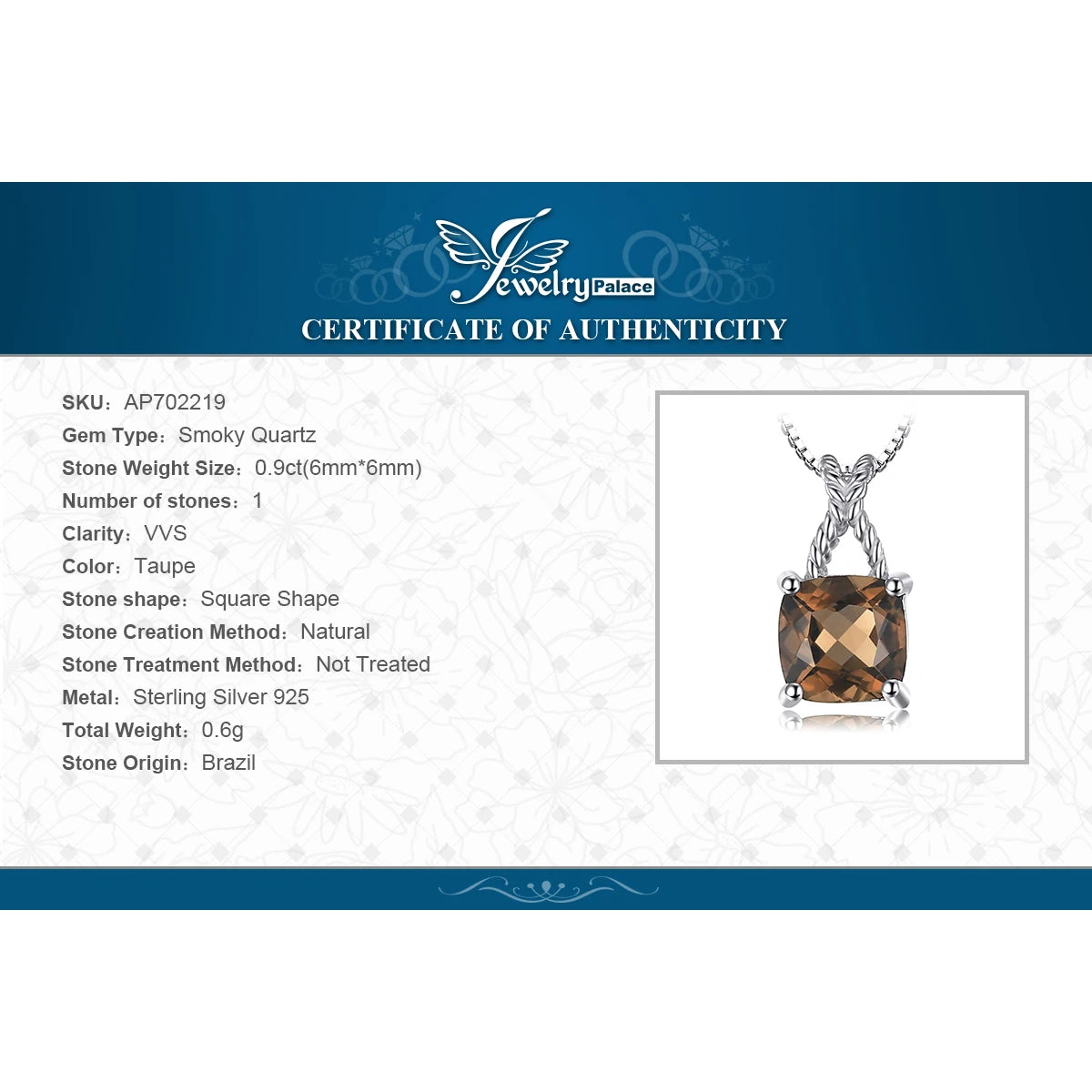 Smoky Quartz Sterling Silver Pendant Necklace – No Chain