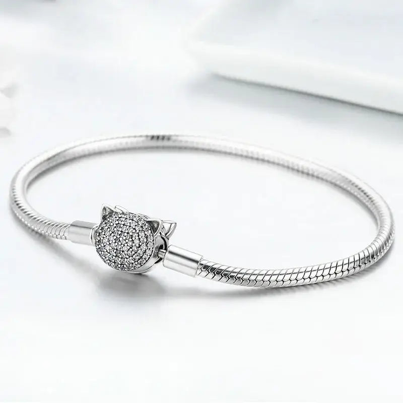 Sterling Silver Cat Charm Snake Chain Bracelet for Women