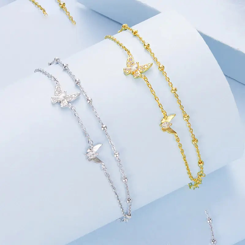 Sterling Silver Double-Layer Butterfly CZ Beaded Bracelet
