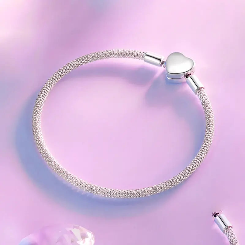 Sterling Silver Snake Chain Heart Charm Bracelet for Women