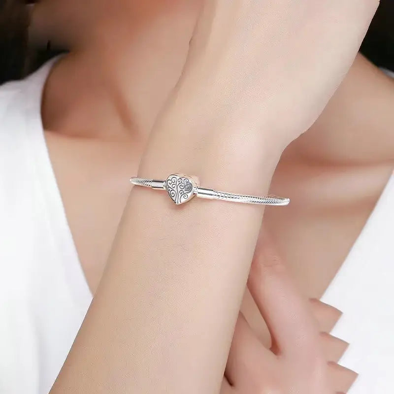 Sterling Silver Tree of Life Heart Clasp Snake Chain Bracelet
