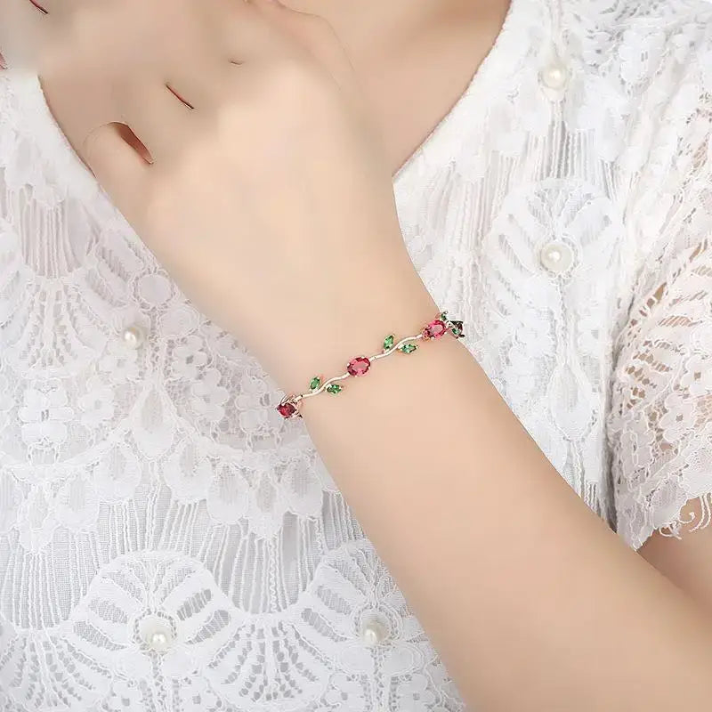 Rose Gold Leaf Link Bracelet with Red & Green Zircon