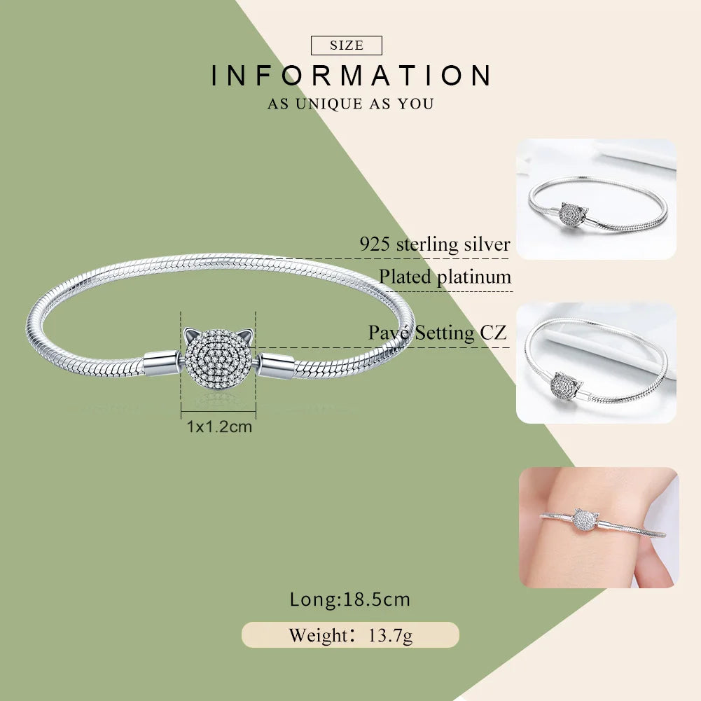 Sterling Silver Cat Charm Snake Chain Bracelet for Women