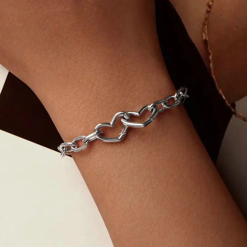 Sterling Silver Double Heart Adjustable Charm Bracelet