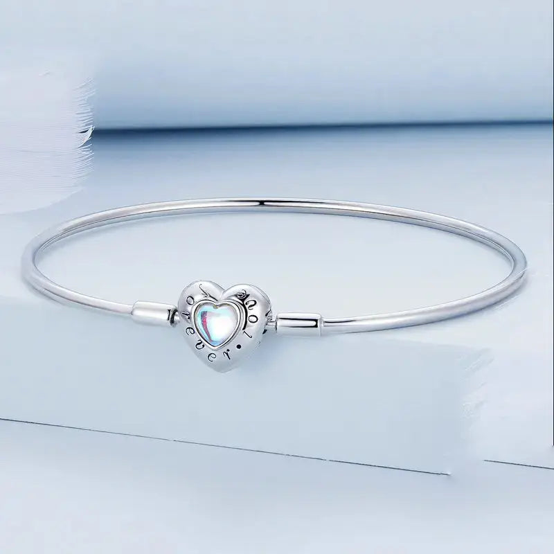 Sterling Silver Heart Charm Bracelet – Women’s Snake Chain Bangle