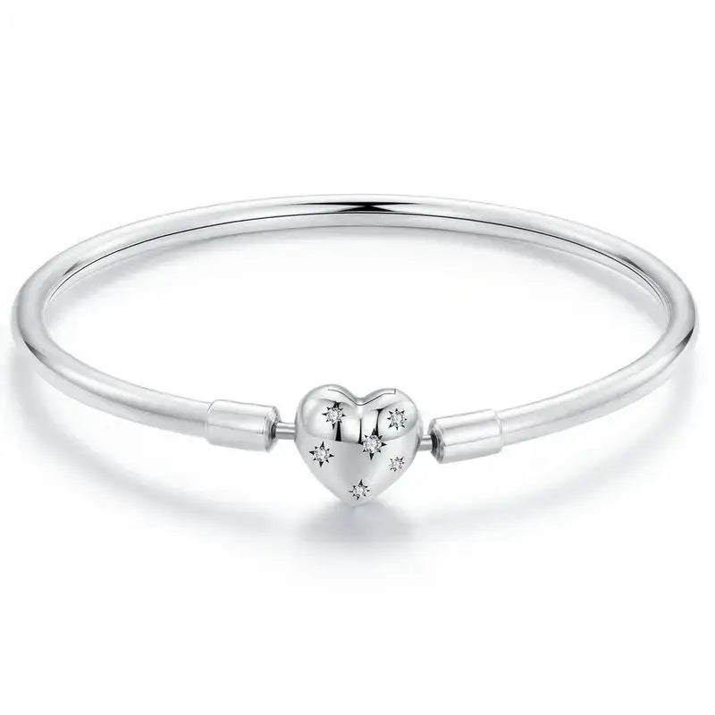 Sterling Silver Heart & Shell Charm Bangle Set